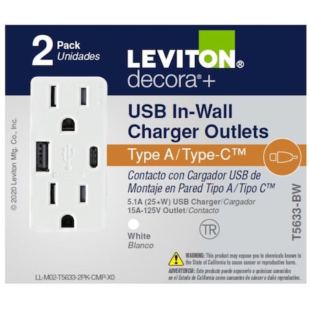 Leviton Leviton Decora 15 amps Type A/C Duplex White Outlet and USB Charger 5-15 R 2 pk T5633-2BW